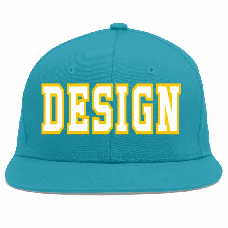 Baseball Cap With Curved Brim-Custom Aqua White-Gold Flat Eaves Sport Baseball Cap Design for Men/Women/Youth