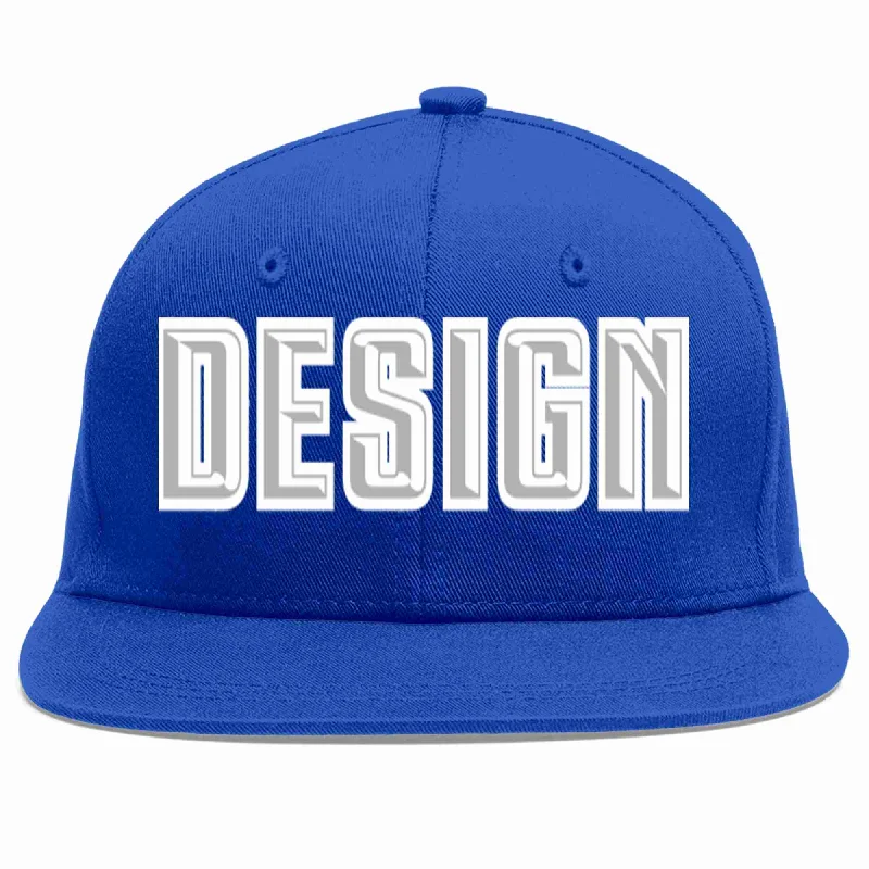 Baseball Cap With Printed Logos-Custom Royal Gray-White Flat Eaves Sport Baseball Cap Design for Men/Women/Youth