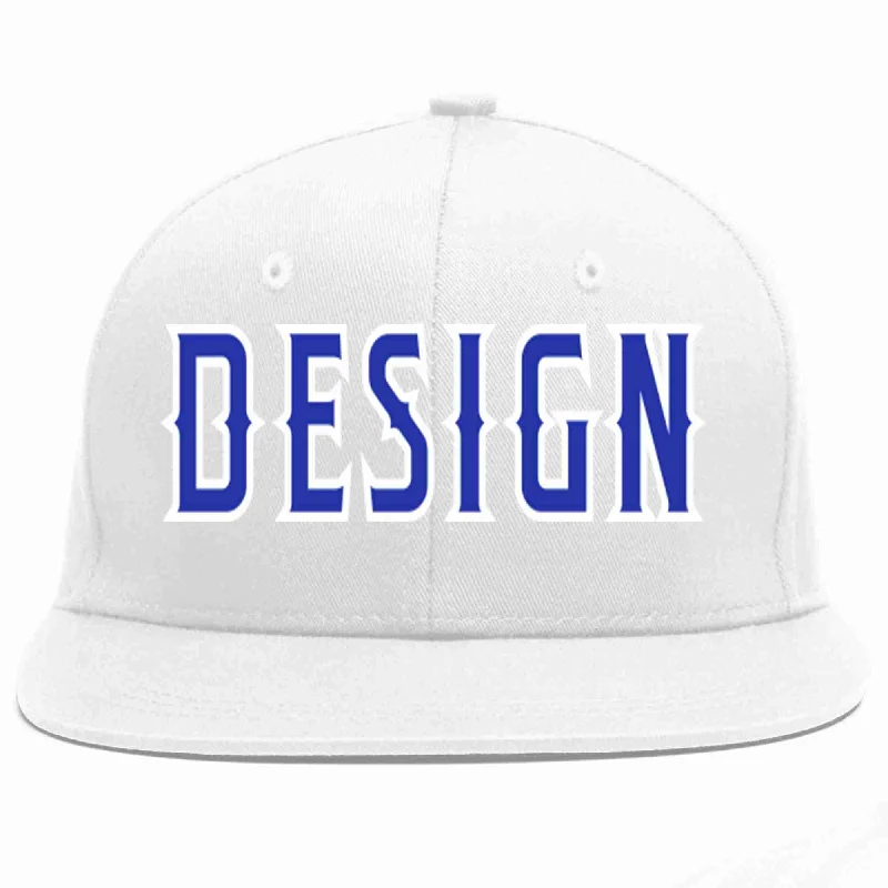 Custom Printed Baseball Cap-Custom White Royal-White Flat Eaves Sport Baseball Cap Design for Men/Women/Youth