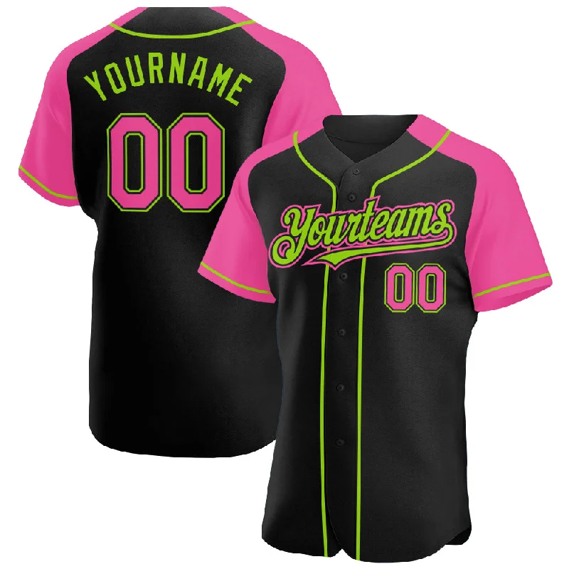 Baseball Jersey With Custom Patchwork-Custom Black Pink-Neon Green Authentic Raglan Sleeves Baseball Jersey