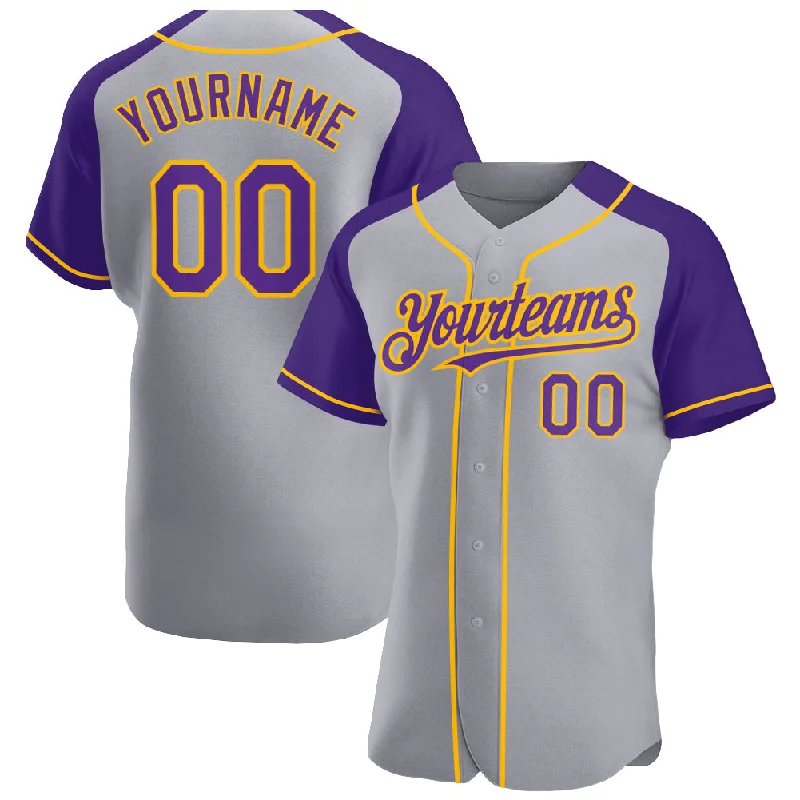 Baseball Jersey For College Teams-Custom Gray Purple-Gold Authentic Raglan Sleeves Baseball Jersey