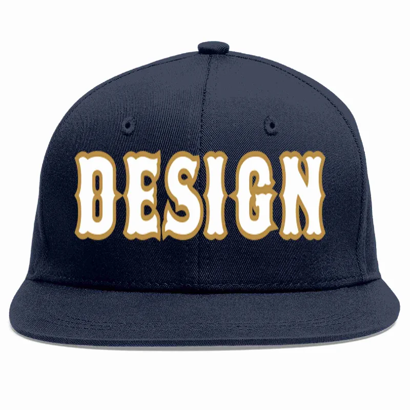 Baseball Cap With Custom Embroidery Design-Custom Navy White-Old Gold Flat Eaves Sport Baseball Cap Design for Men/Women/Youth