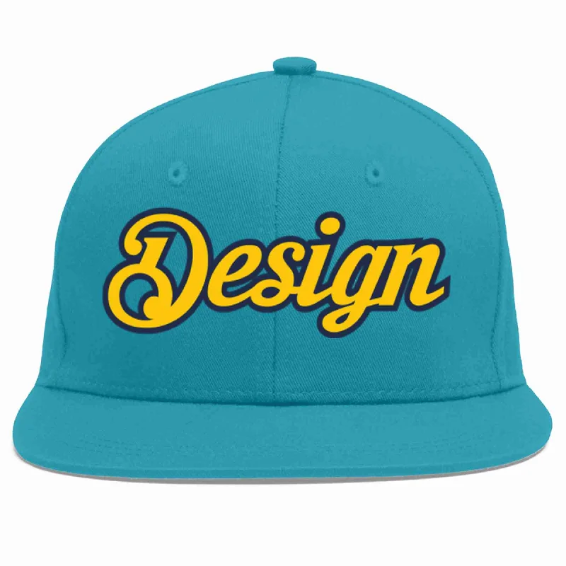 Baseball Cap For Trendy Casual Looks-Custom Aqua Gold-Navy Flat Eaves Sport Baseball Cap Design for Men/Women/Youth