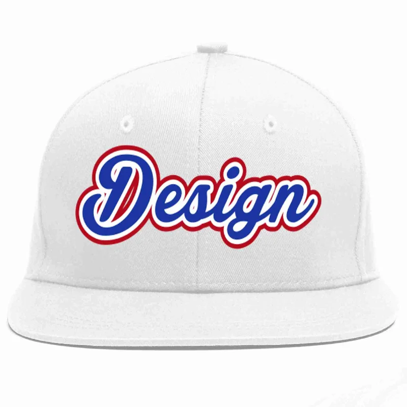 Baseball Cap With Printed Text-Custom White Royal-White Flat Eaves Sport Baseball Cap Design for Men/Women/Youth