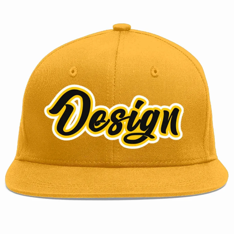 Baseball Cap For Custom Customization-Custom Gold Black-Gold Flat Eaves Sport Baseball Cap Design for Men/Women/Youth