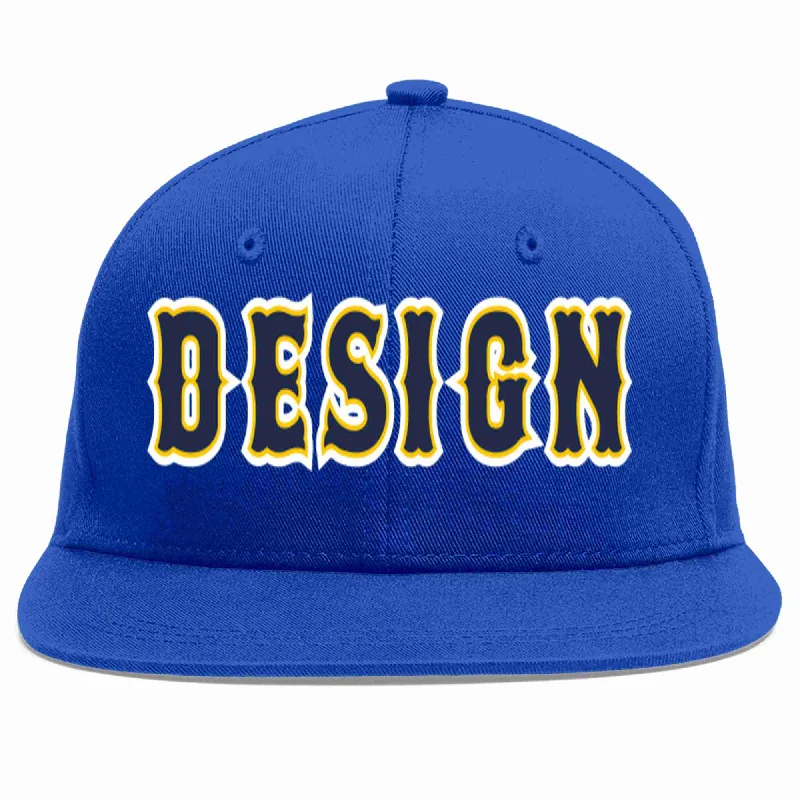 Baseball Cap For Custom Fan Gear-Custom Royal Navy-Gold Flat Eaves Sport Baseball Cap Design for Men/Women/Youth