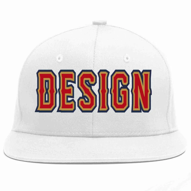 Baseball Cap With Custom Artwork-Custom White Red-Old Gold Flat Eaves Sport Baseball Cap Design for Men/Women/Youth