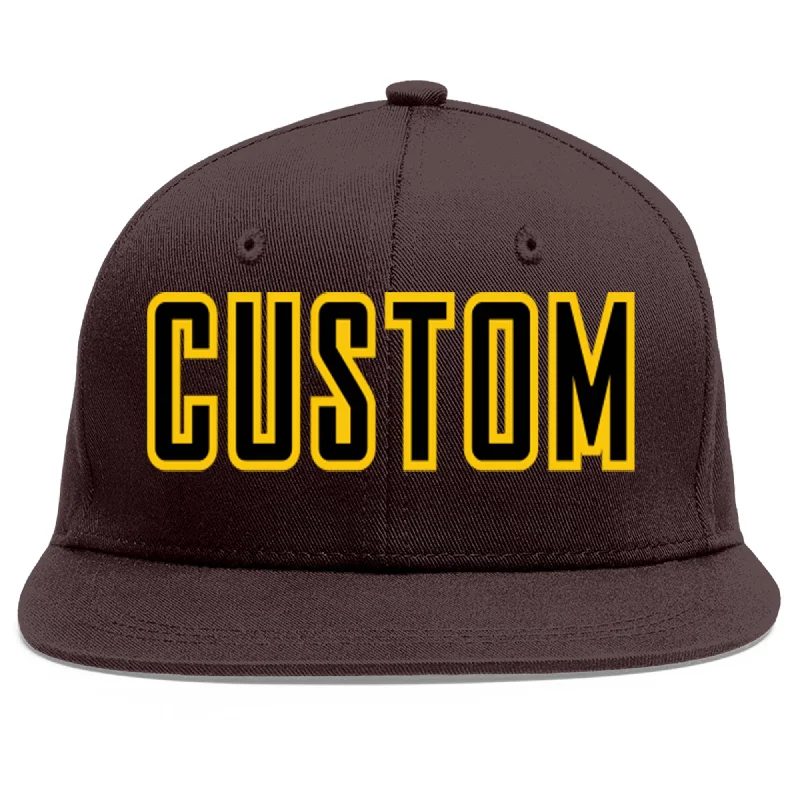 Baseball Cap For Alumni Apparel-Custom Brown Black-Gold Flat Eaves Sport Baseball Cap