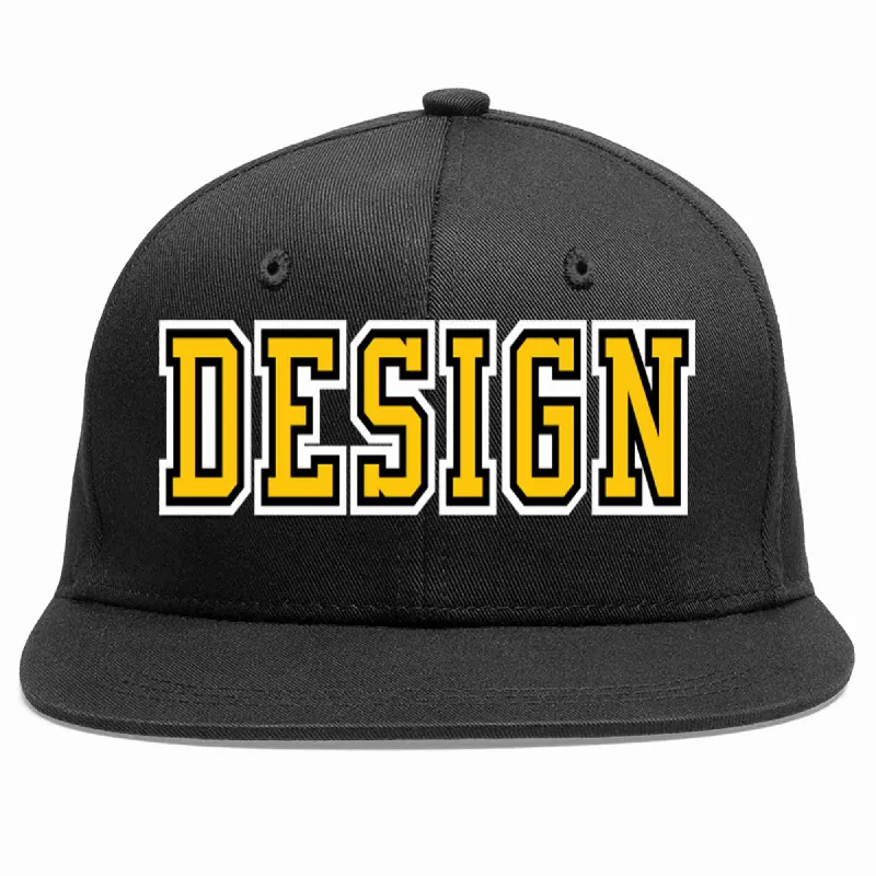 Baseball Cap For Logo Printing-Custom Black Gold-Black Flat Eaves Sport Baseball Cap Design for Men/Women/Youth