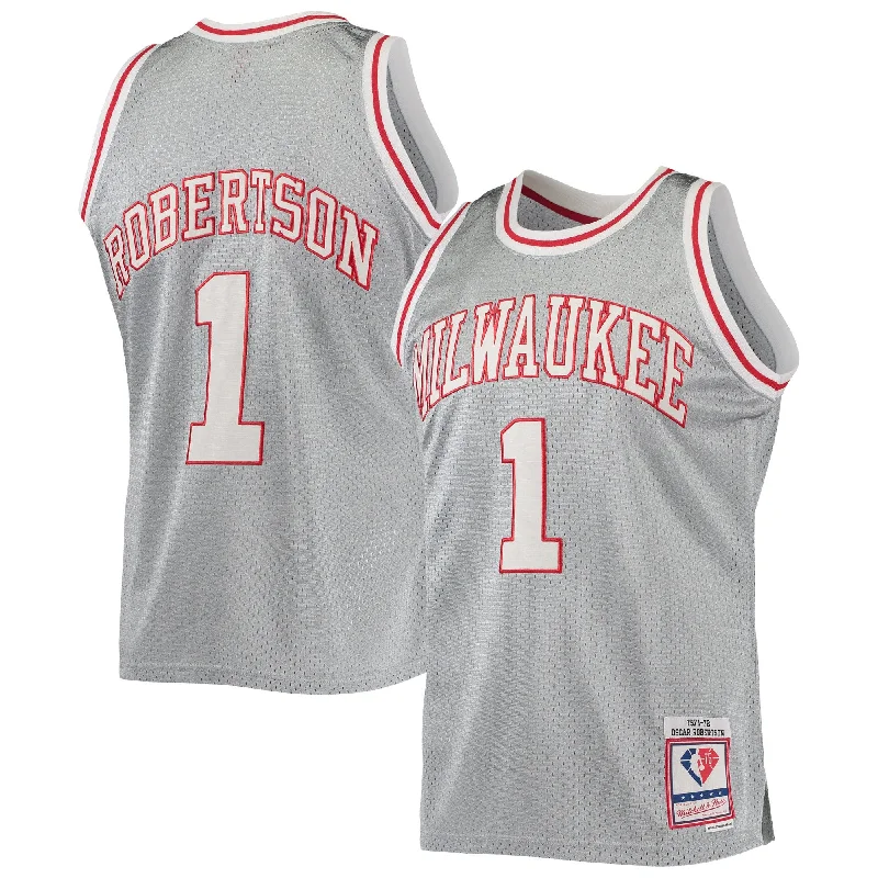 Basketball Jersey With Fan Designs-Oscar Robertson Milwaukee Bucks 75th Anniversary 1971/72 Hardwood Classics Swingman Basketball Jersey - Silver