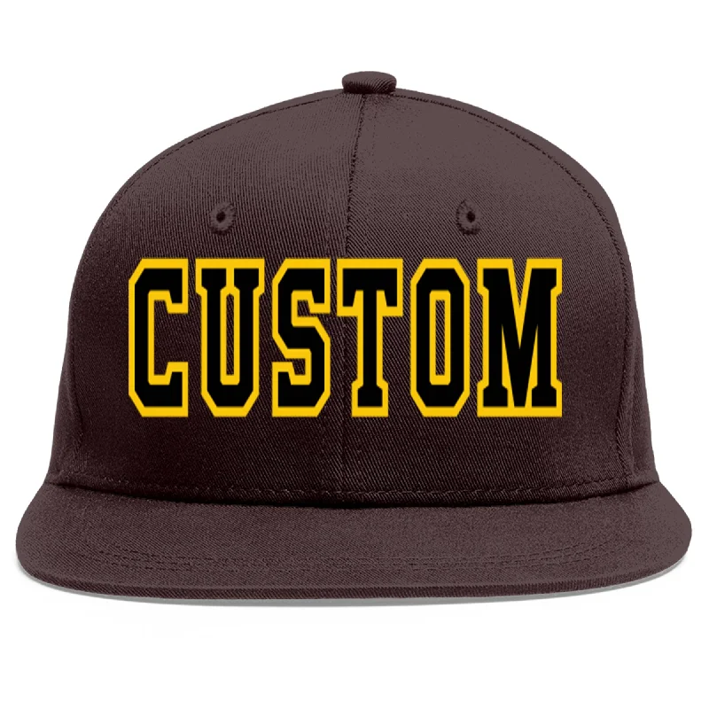 Baseball Cap For Sports Fan Gear-Custom Brown Black-Gold Flat Eaves Sport Baseball Cap