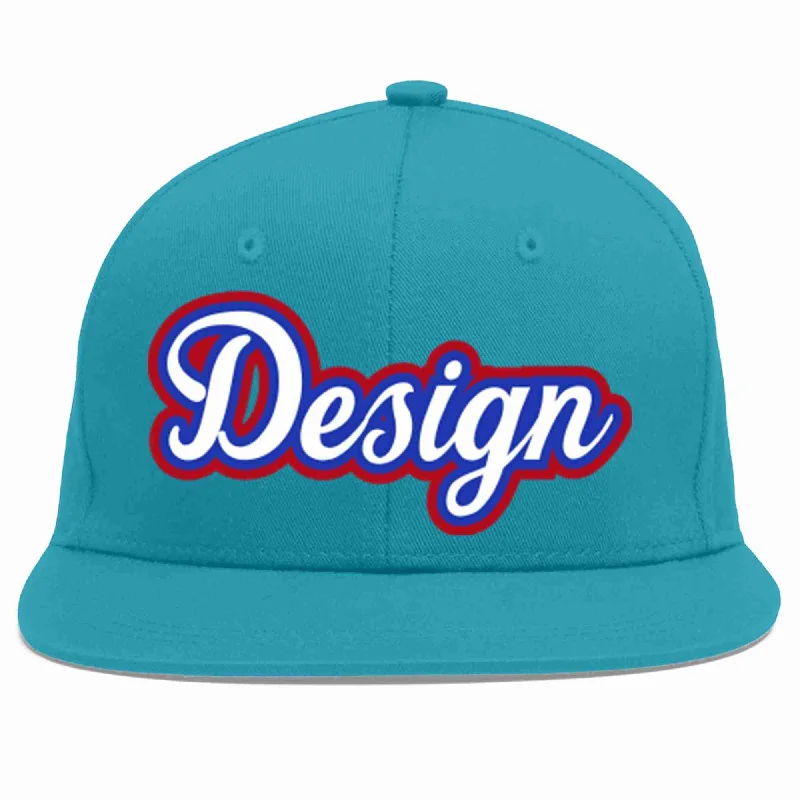 Baseball Cap With Custom Artwork Designs-Custom Aqua White-Royal Flat Eaves Sport Baseball Cap Design for Men/Women/Youth