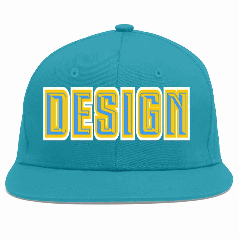 Baseball Cap For Custom Apparel-Custom Aqua Powder Blue-Gold Flat Eaves Sport Baseball Cap Design for Men/Women/Youth