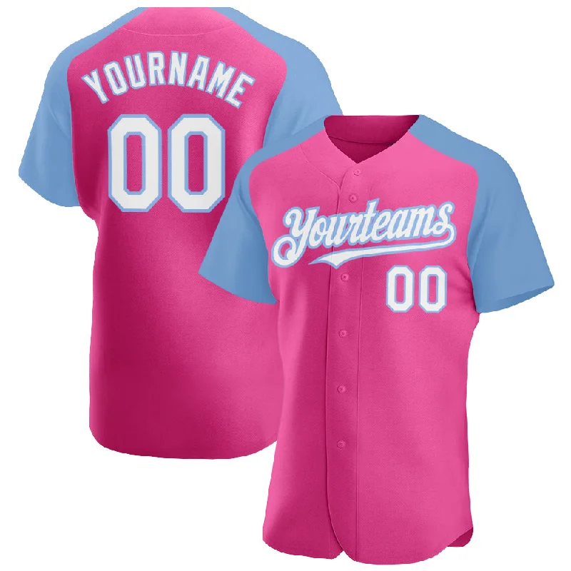 Baseball Jersey For Baseball Coaches-Custom Pink White-Light Blue Authentic Raglan Sleeves Baseball Jersey