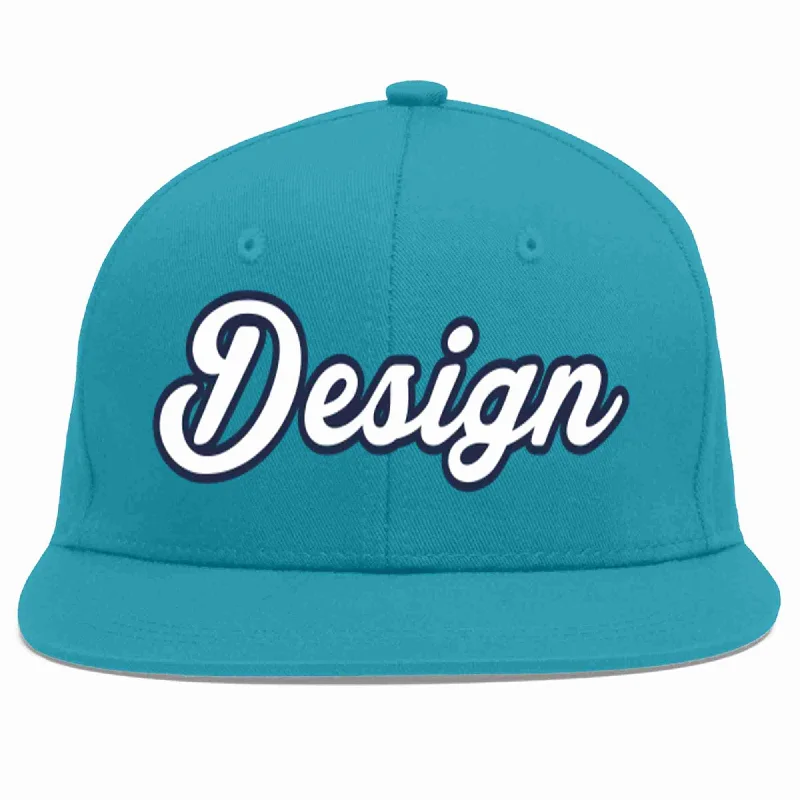 Baseball Cap With Custom Patch-Custom Aqua White-Navy Flat Eaves Sport Baseball Cap Design for Men/Women/Youth