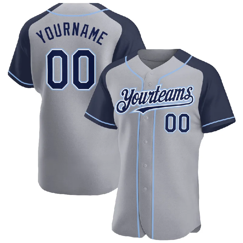 Baseball Jersey With Logo Embellishments-Custom Gray Navy-Light Blue Authentic Raglan Sleeves Baseball Jersey