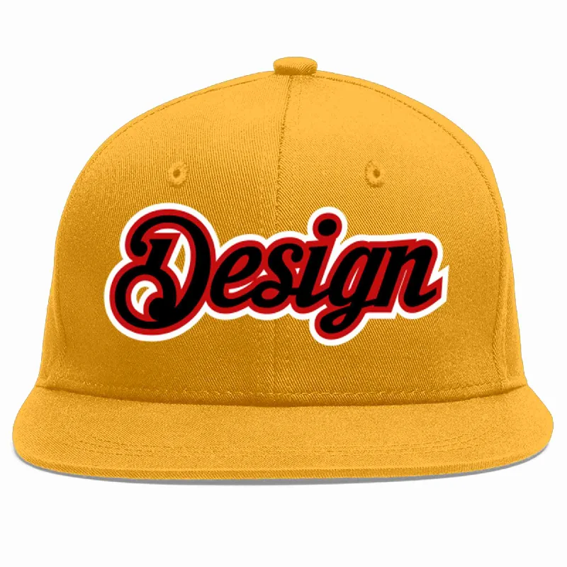 Baseball Cap With Iconic Logos-Custom Gold Black-Red Flat Eaves Sport Baseball Cap Design for Men/Women/Youth