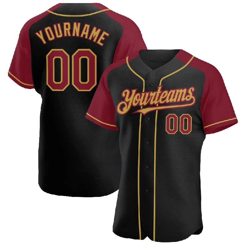 Baseball Jersey With Lightweight Fabric-Custom Black Crimson-Old Gold Authentic Raglan Sleeves Baseball Jersey