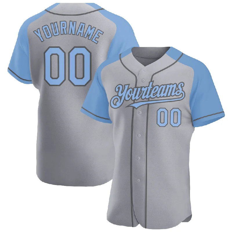 Baseball Jersey For Baseball Matches-Custom Gray Light Blue-Steel Gray Authentic Raglan Sleeves Baseball Jersey