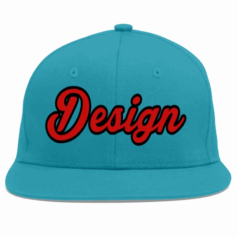 Baseball Cap With Team Logo-Custom Aqua Red-Black Flat Eaves Sport Baseball Cap Design for Men/Women/Youth