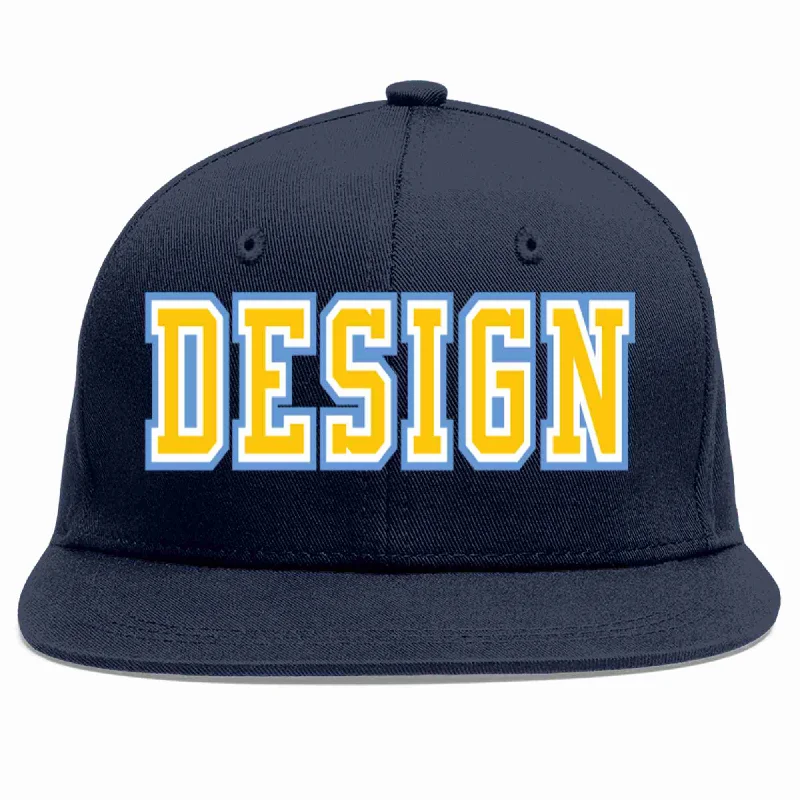 Custom Baseball Cap For Marketing-Custom Navy Gold-White Flat Eaves Sport Baseball Cap Design for Men/Women/Youth