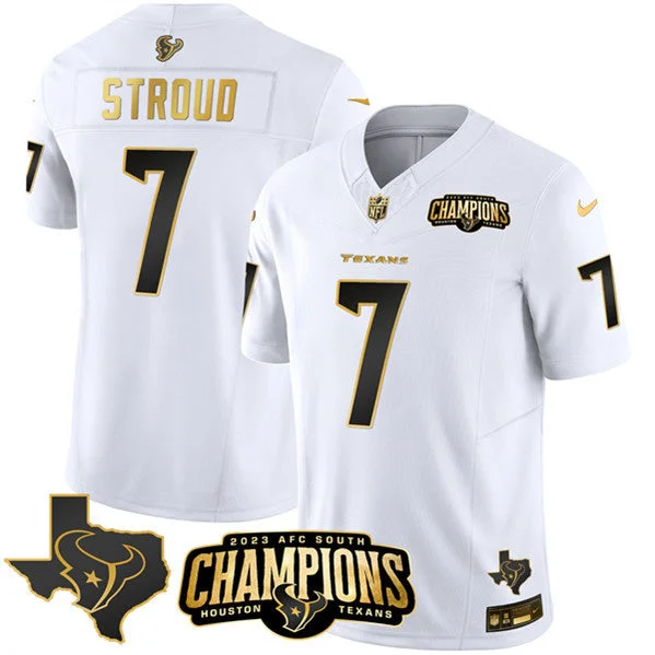 Custom Football Jersey For Corporate Customization-Men's Houston Texans #7 C.J. Stroud White Golden 2023 F.U.S.E. With AFC South Champions Patch And Team Logo Patch Limited Football Stitched Jersey