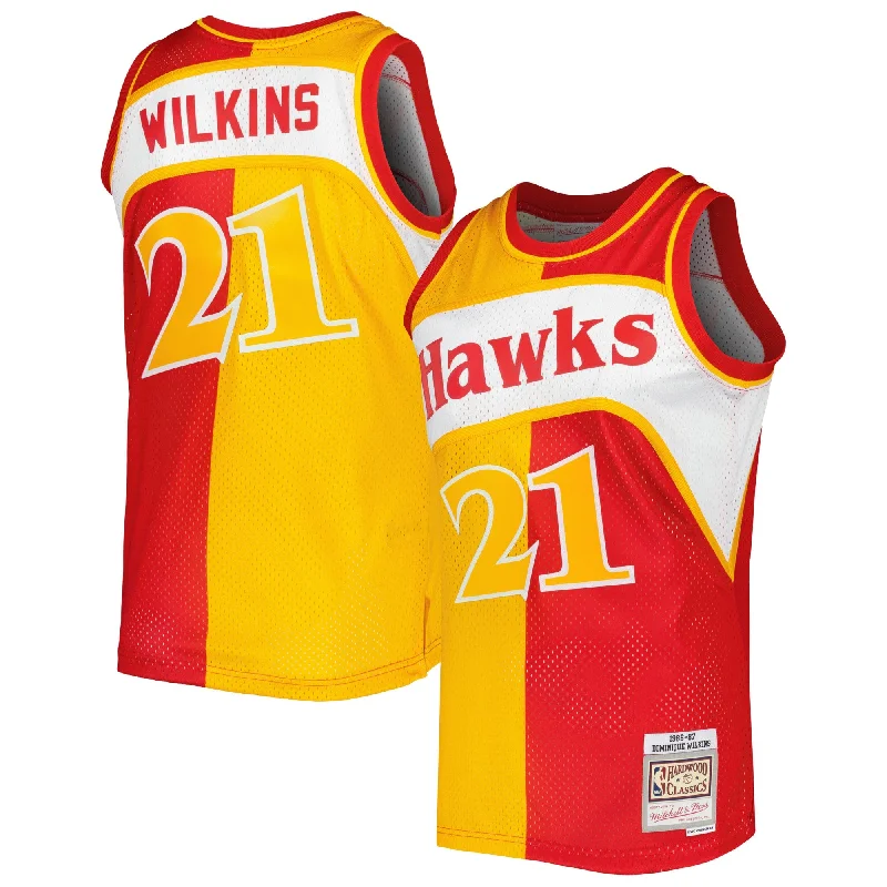 Basketball Jersey For Event-Specific Branding-Dominique Wilkins Atlanta Hawks Hardwood Classics 1986/87 Split Swingman Basketball Jersey - Yellow/red