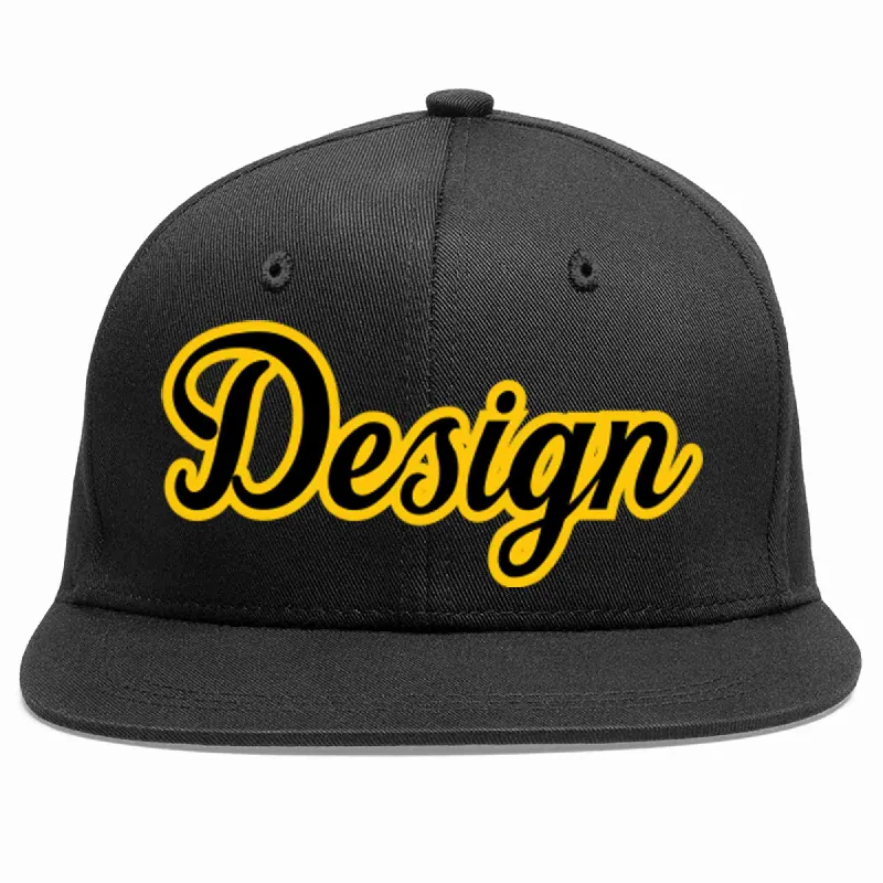 Baseball Cap For Casual Fashion-Custom Black Black-Gold Flat Eaves Sport Baseball Cap Design for Men/Women/Youth