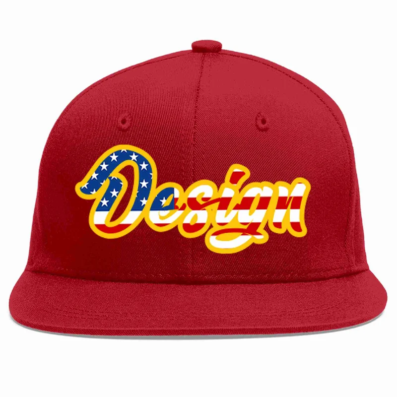 Baseball Cap For Men-Custom Red Vintage USA Flag-Gold Flat Eaves Sport Baseball Cap Design for Men/Women/Youth