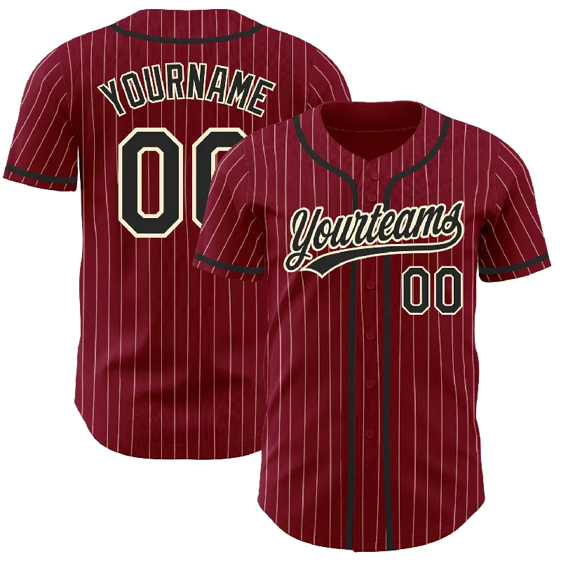 Baseball Jersey With Player Profile Printing-Custom Crimson Cream Pinstripe Black Authentic Baseball Jersey