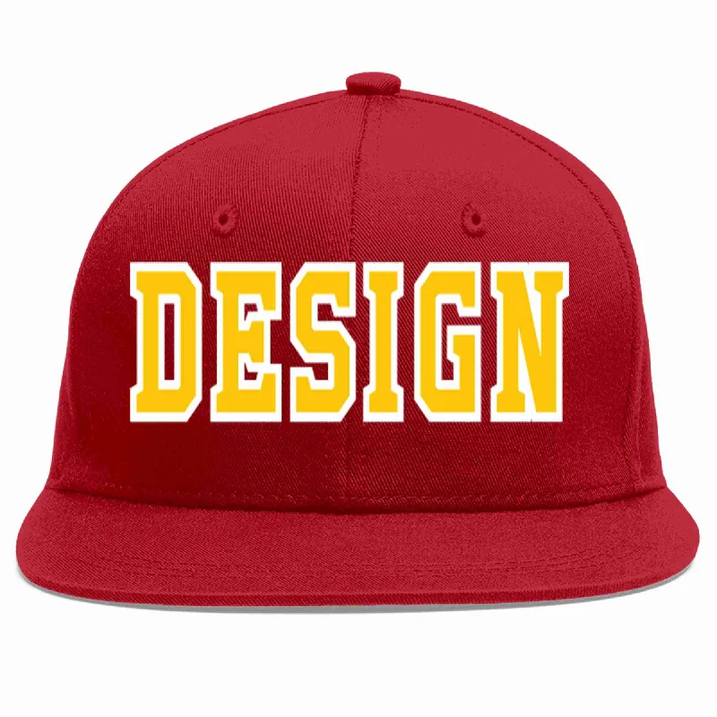 Baseball Cap For Custom Sports Gear-Custom Red Gold-White Flat Eaves Sport Baseball Cap Design for Men/Women/Youth