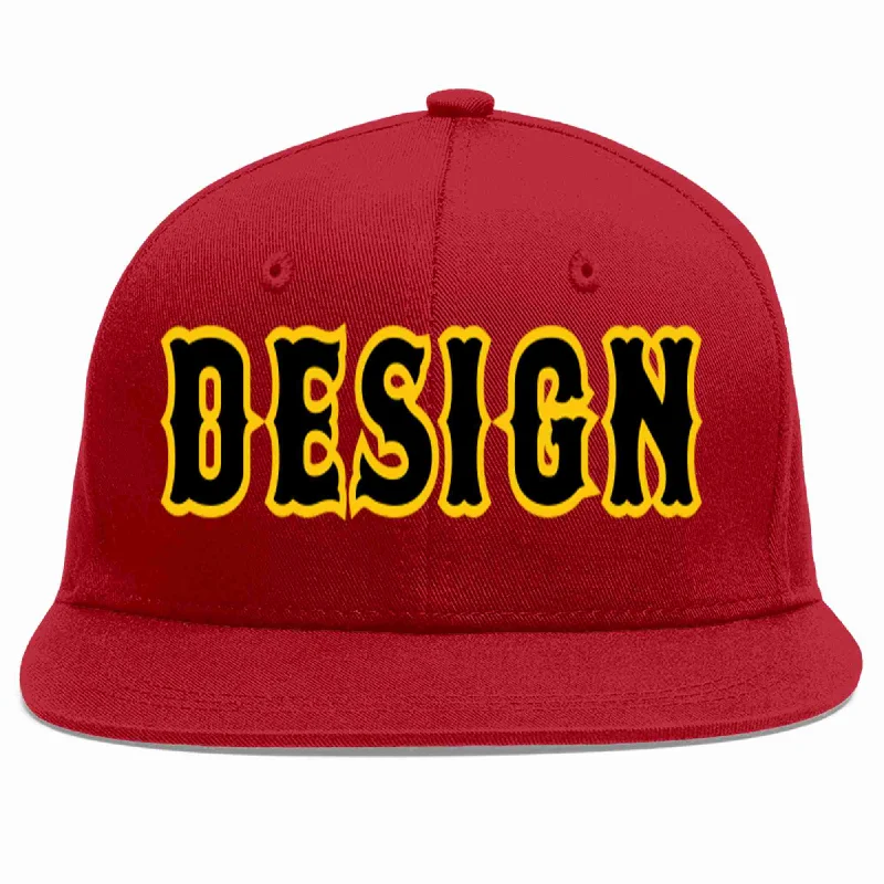 Baseball Cap With Custom Art Prints-Custom Red Black-Gold Flat Eaves Sport Baseball Cap Design for Men/Women/Youth