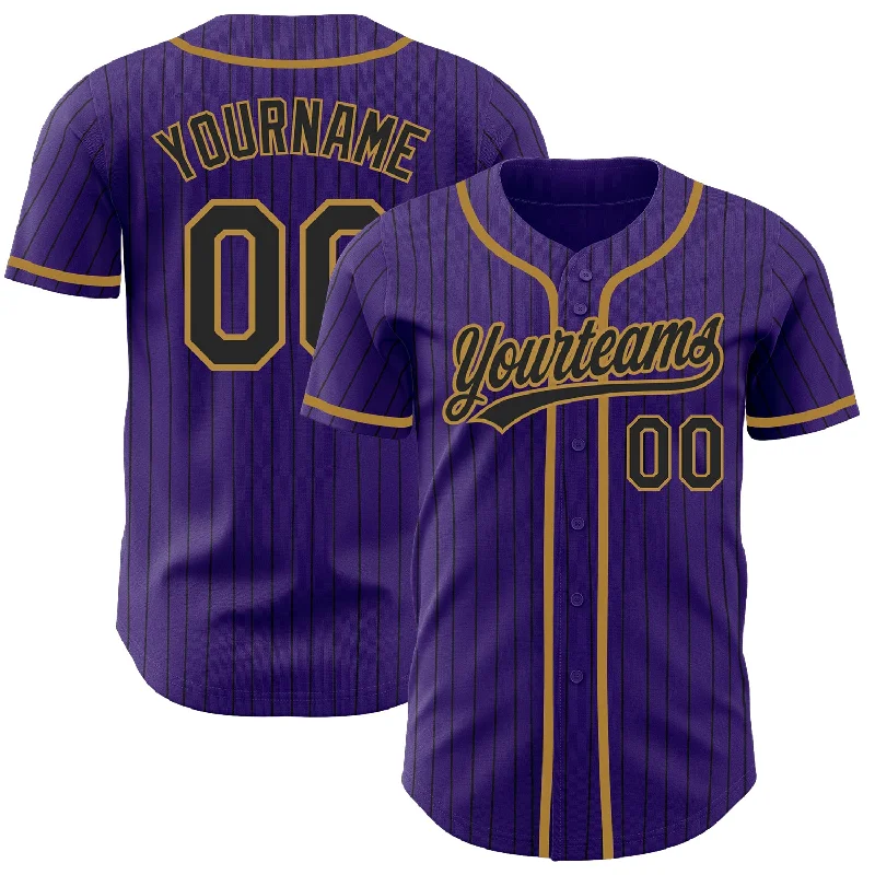 Baseball Jersey With Embroidery-Custom Purple Black Pinstripe Black-Old Gold Authentic Baseball Jersey