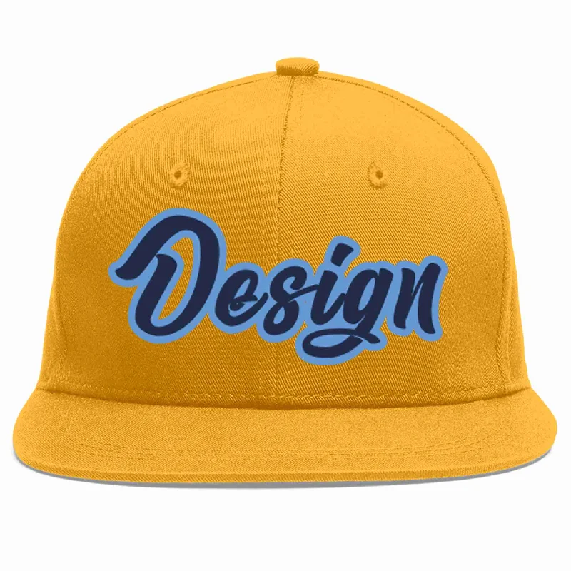 Baseball Cap For Group Orders-Custom Gold Navy-Light Blue Flat Eaves Sport Baseball Cap Design for Men/Women/Youth