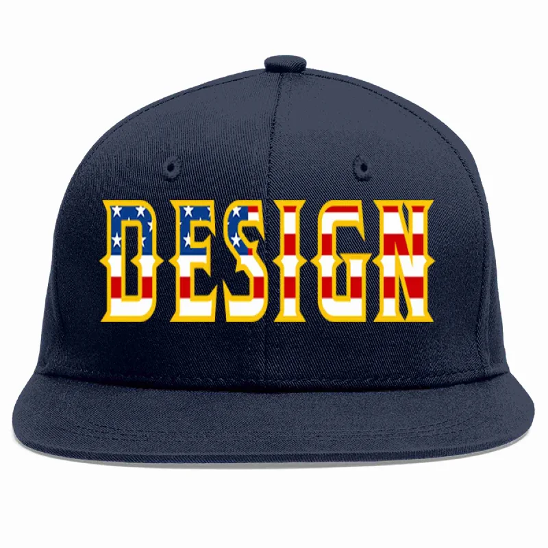 Baseball Cap For Special Edition Designs-Custom Navy Vintage USA Flag-Gold Flat Eaves Sport Baseball Cap Design for Men/Women/Youth