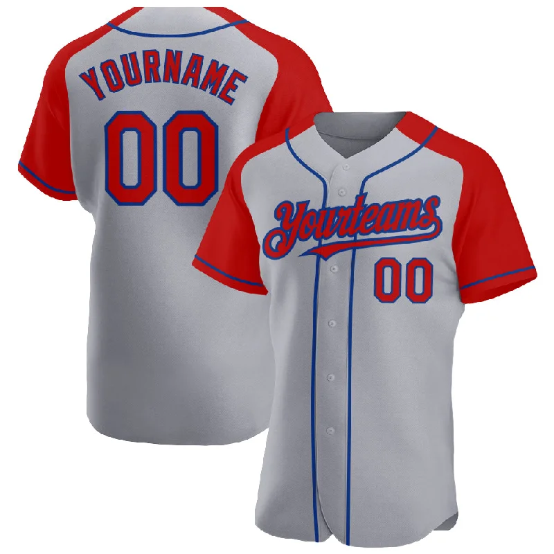 Baseball Jersey With Custom Numbers-Custom Gray Red-Royal Authentic Raglan Sleeves Baseball Jersey