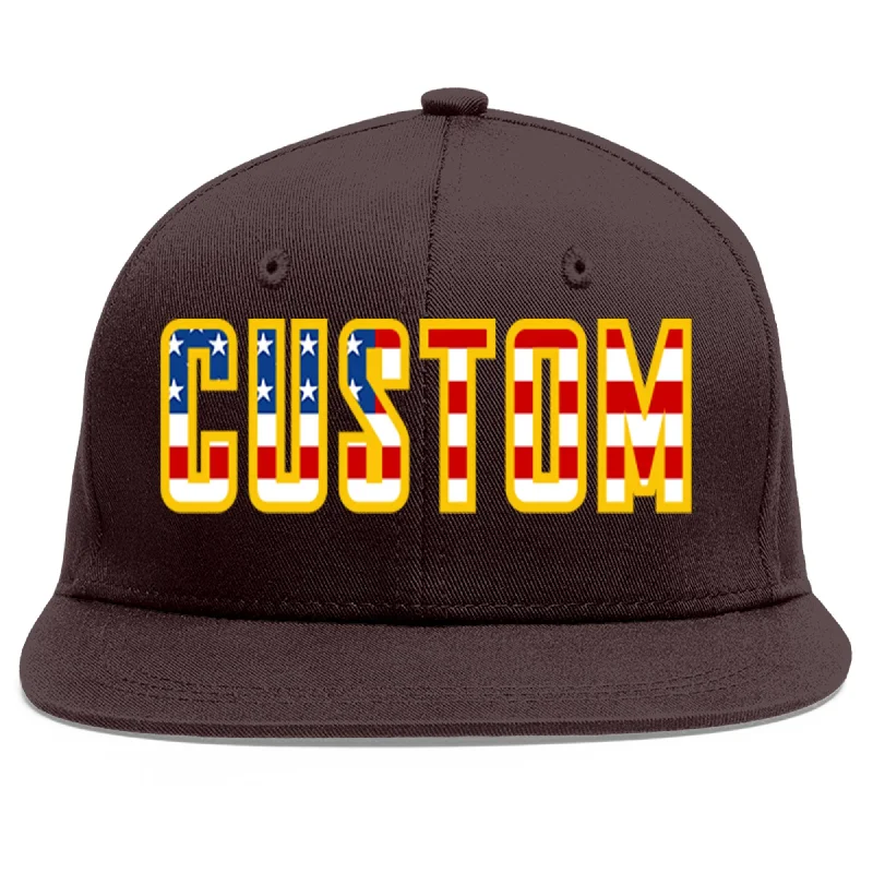 Baseball Cap For Promotional Products-Custom Brown Vintage USA Flag-Gold Flat Eaves Sport Baseball Cap