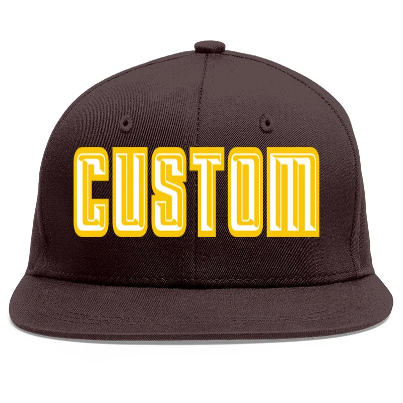 Baseball Cap With Name-Custom Brown White-Gold Flat Eaves Sport Baseball Cap