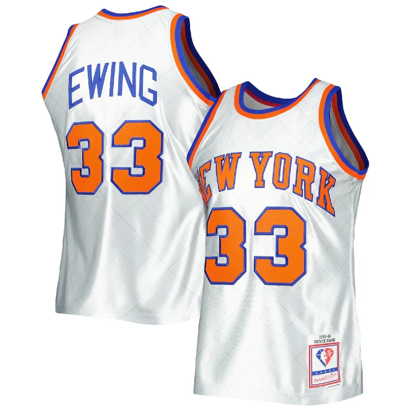 Basketball Jersey With Screen Printed Design-Patrick Ewing New York Knicks 1985/86 Hardwood Classics 75th Anniversary Swingman Basketball Jersey - Platinum