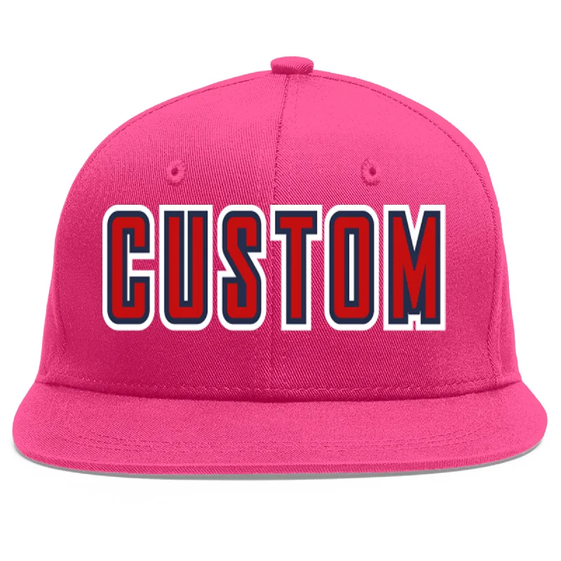 Baseball Cap With Team Design-Custom Rose Red Red-Navy Flat Eaves Sport Baseball Cap