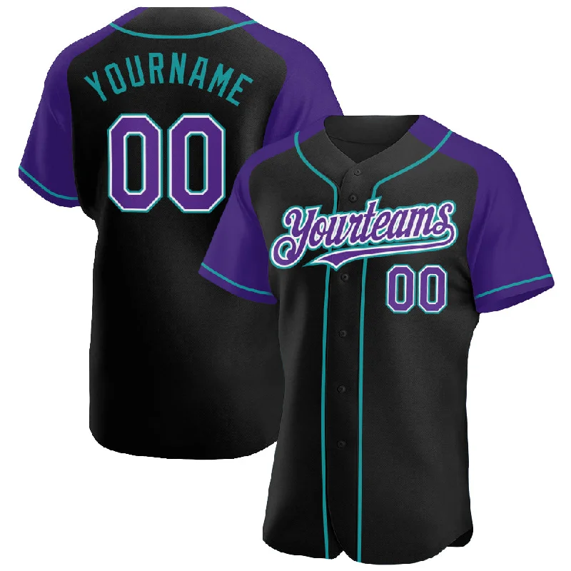 Baseball Jersey For Baseball Group Orders-Custom Black Purple-Teal Authentic Raglan Sleeves Baseball Jersey