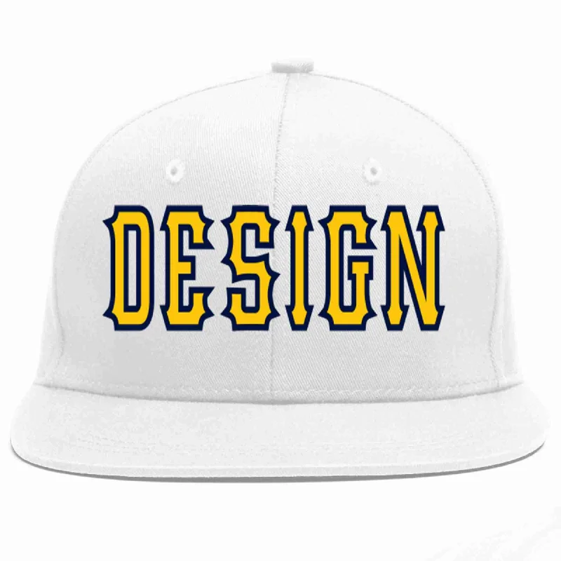 Baseball Cap For Family Orders-Custom White Gold-Navy Flat Eaves Sport Baseball Cap Design for Men/Women/Youth