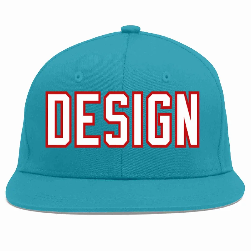 Custom Baseball Cap For Gifts-Custom Aqua White-Red Flat Eaves Sport Baseball Cap Design for Men/Women/Youth