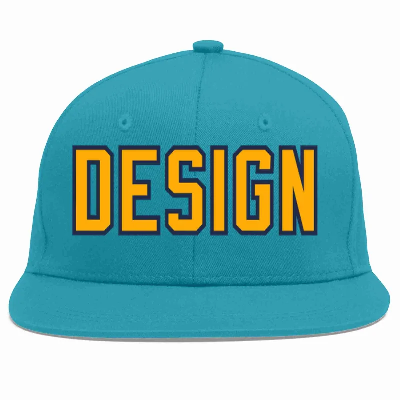 Baseball Cap For Sporting Events-Custom Aqua Yellow-Navy Flat Eaves Sport Baseball Cap Design for Men/Women/Youth