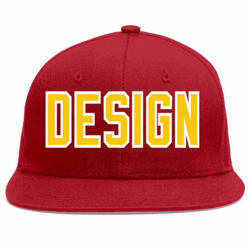 Baseball Cap For Corporate Branding-Custom Red Gold-White Flat Eaves Sport Baseball Cap Design for Men/Women/Youth