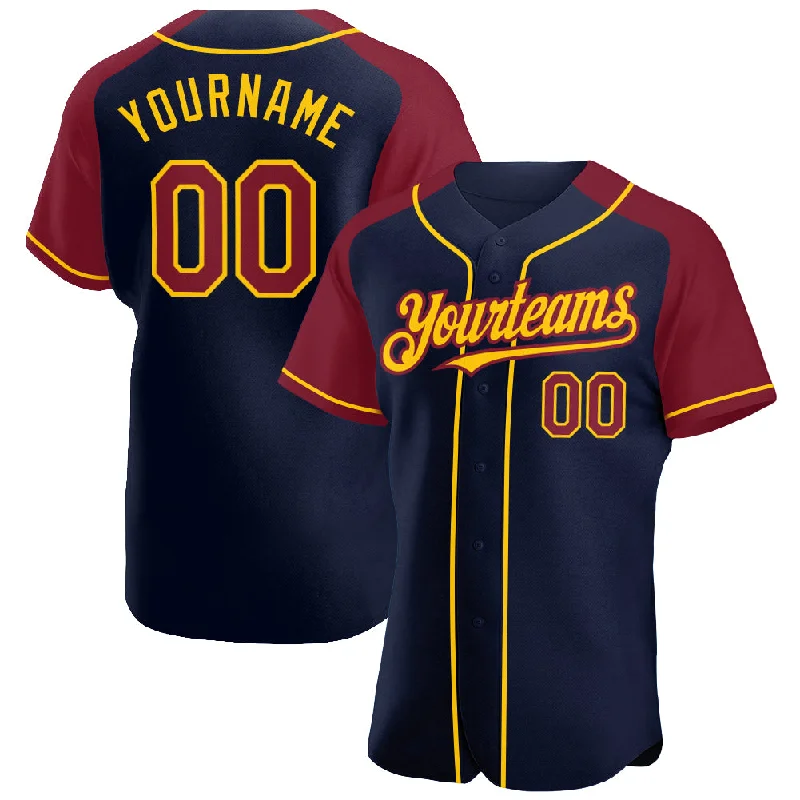 Baseball Jersey With Signature Designs-Custom Navy Crimson-Yellow Authentic Raglan Sleeves Baseball Jersey