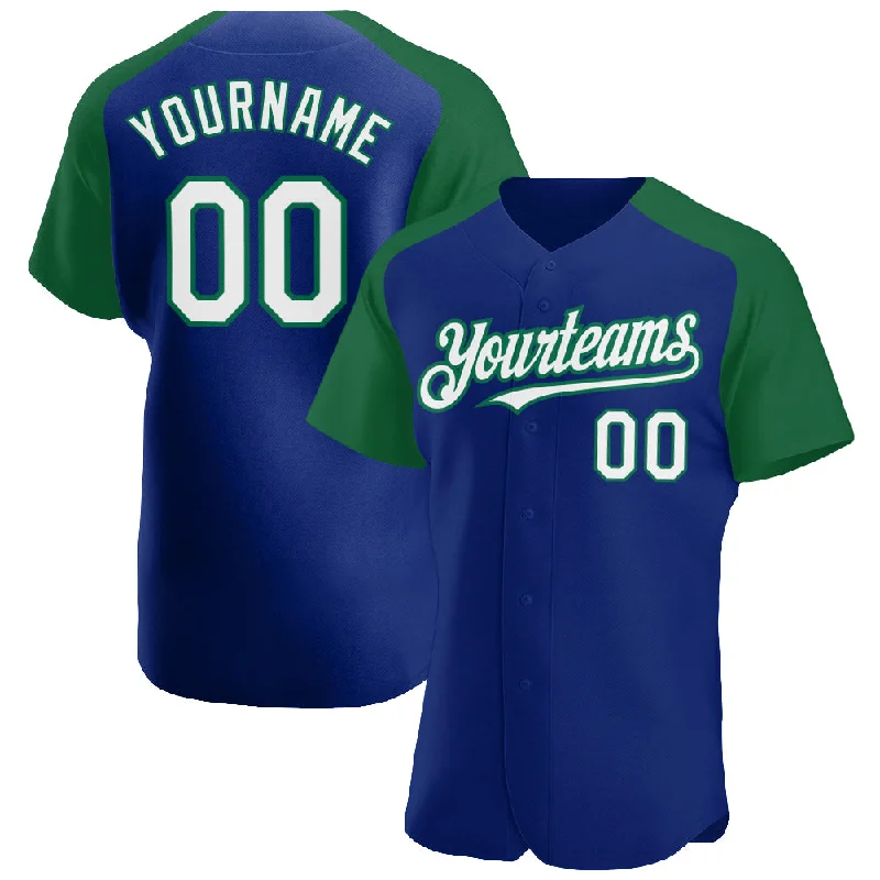 Baseball Jersey For College Baseball Fans-Custom Royal White-Kelly Green Authentic Raglan Sleeves Baseball Jersey