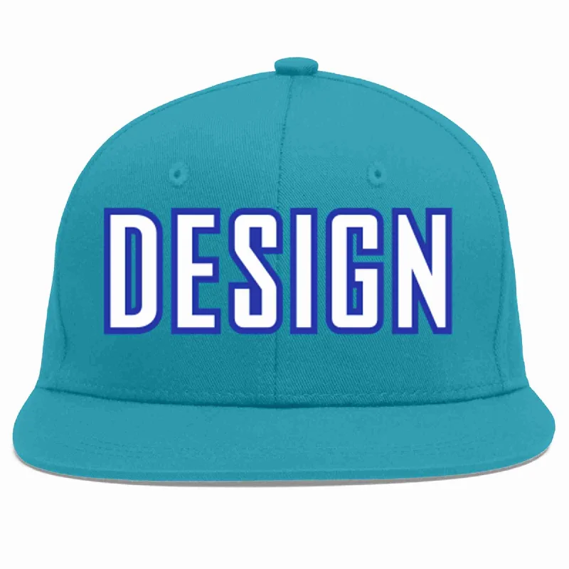 Baseball Cap With Mesh Panels-Custom Aqua White-Royal Flat Eaves Sport Baseball Cap Design for Men/Women/Youth