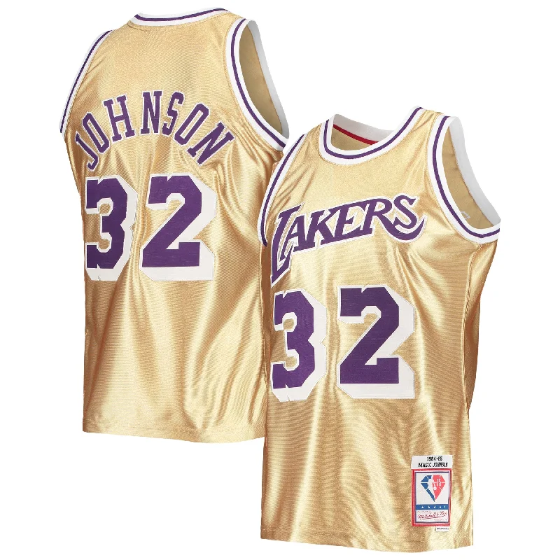 Basketball Jersey For Custom Text Design-Magic Johnson Los Angeles Lakers 75th Anniversary 1984/85 Hardwood Classics Swingman Basketball Jersey - Gold