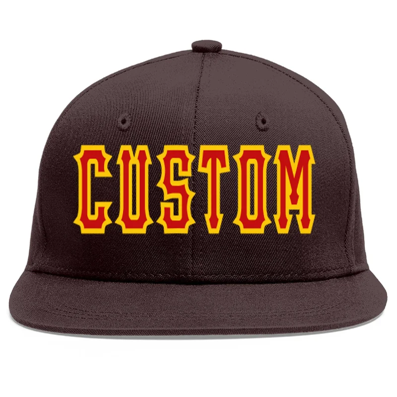 Personalized Snapback Baseball Cap-Custom Brown Red-Yellow Flat Eaves Sport Baseball Cap